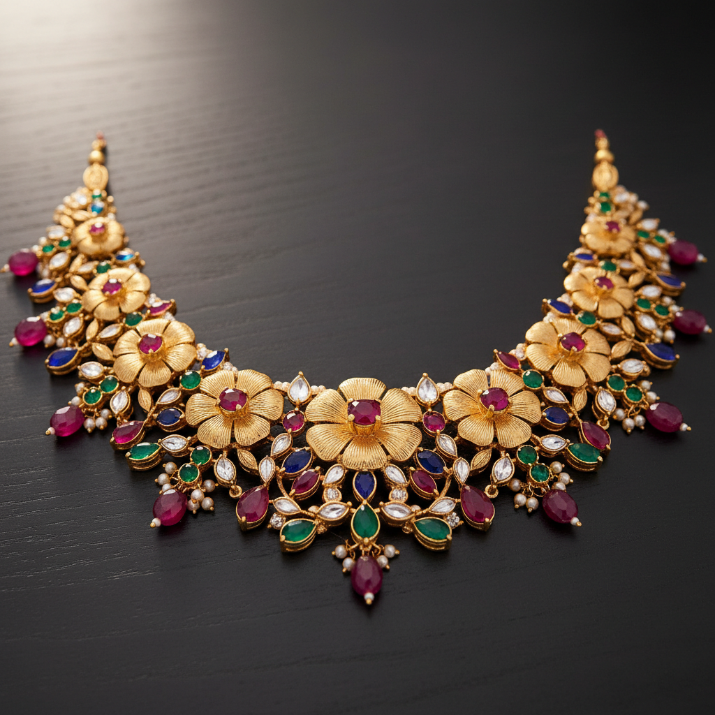 Gold kundan choker necklace set with matching earrings on dark background