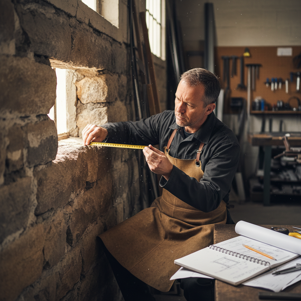 Metalworker measuring stone wall opening with a tape measure, notebook open nearby