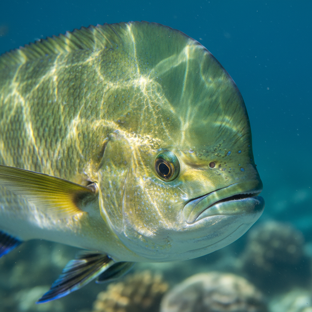 Fresh mahi-mahi dolphin fish with vibrant golden-green and blue iridescent skin