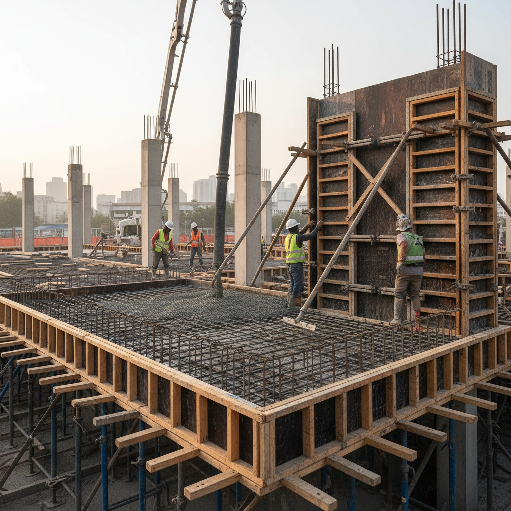 Concrete construction site with reinforced steel rebar and freshly poured concrete walls, workers in background