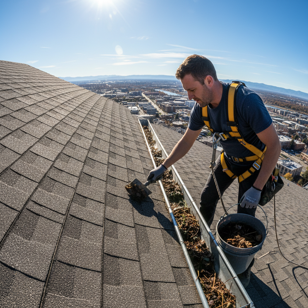 Chukwuemeka Okafor in safety harness on a Lagos rooftop clearing a gutter channel