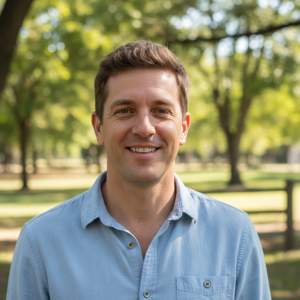 Friendly man in casual shirt smiling at camera, bright natural window light