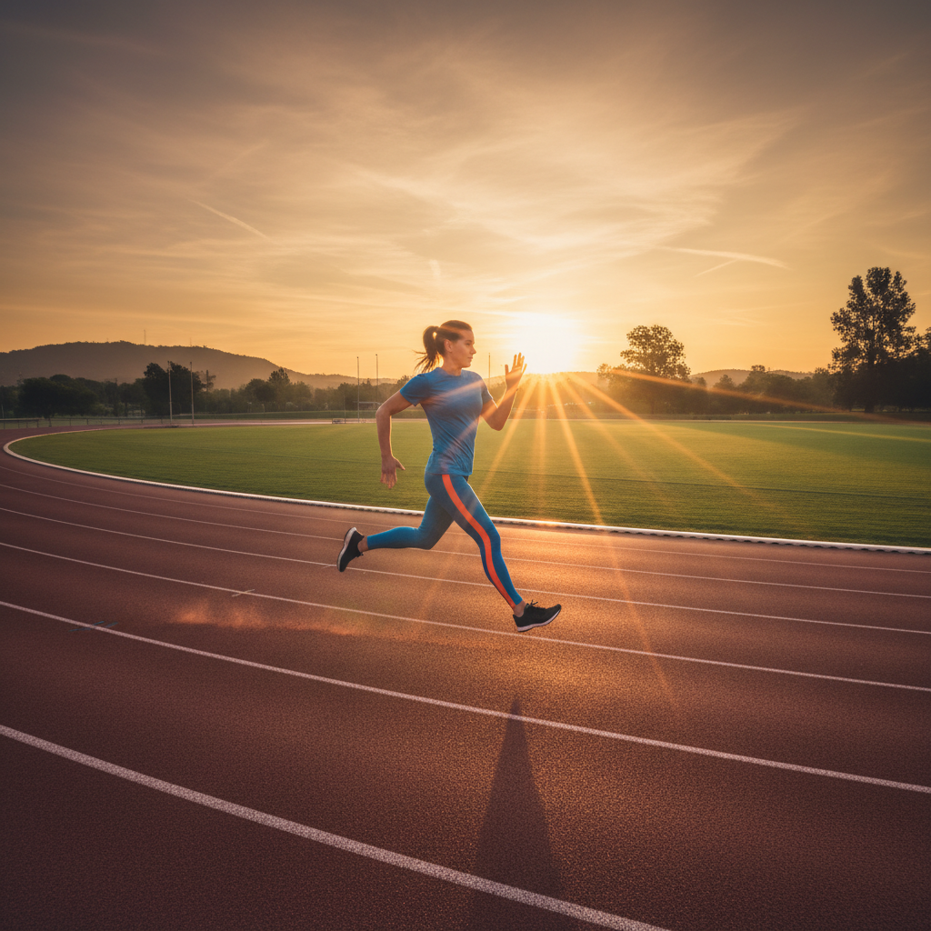 Person doing physical exercise outdoors, running track, morning light, athletic training, motivated