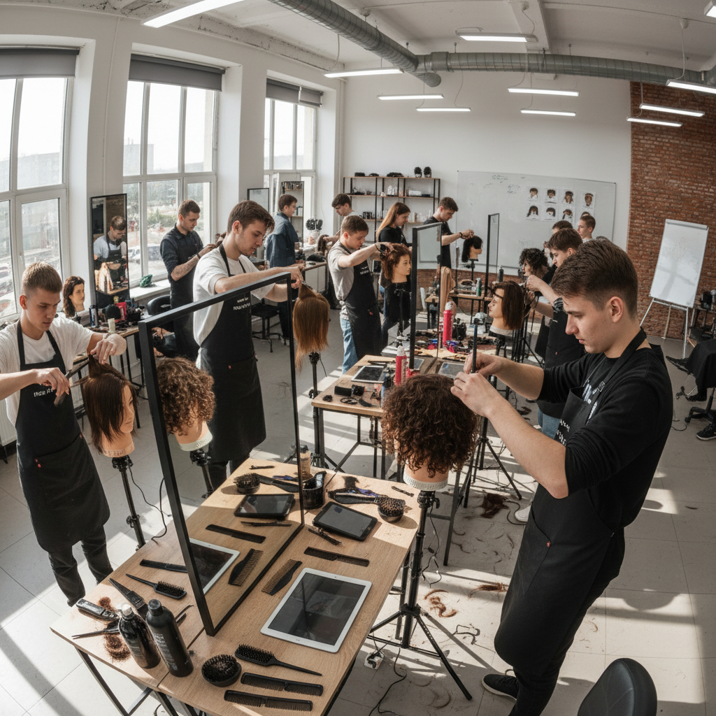 Foundation program students practicing barbering techniques in classroom setting