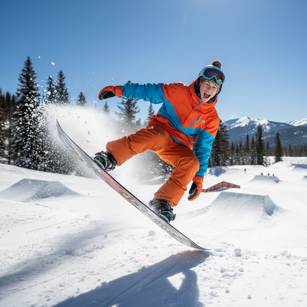 Teenage snowboarder catching air off a jump in terrain park, mouth open with excitement, snow spray behind
