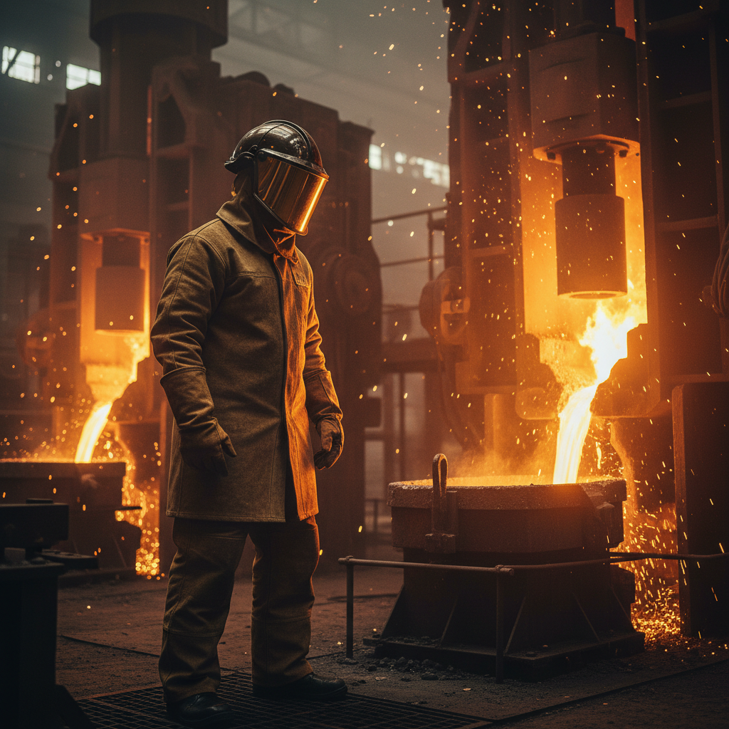 Industrial worker in flame retardant protective suit near high-heat industrial equipment