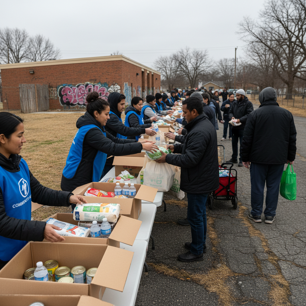 Food distribution in dimly lit community center, warm shadows, atmospheric lighting