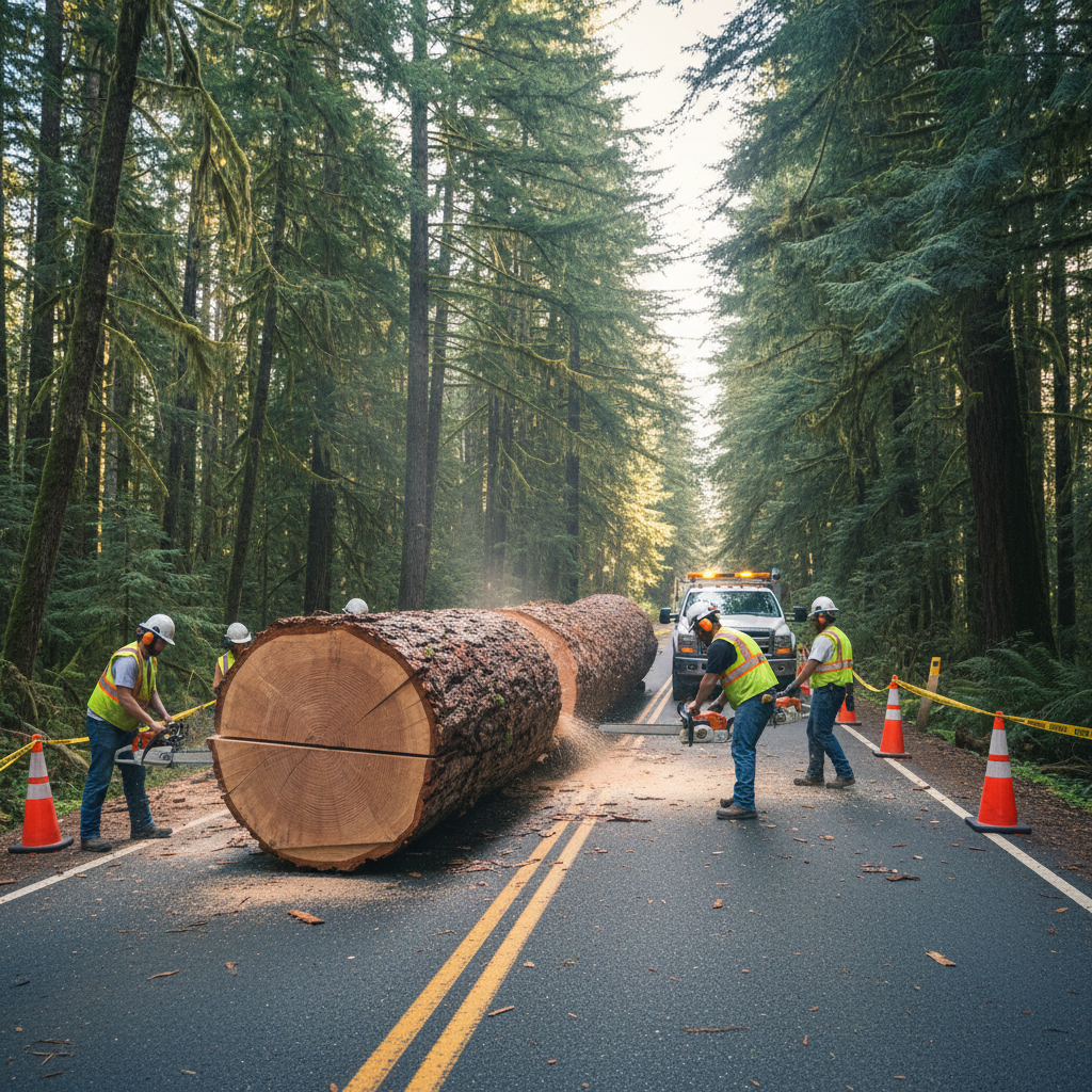 Enormous western red cedar trunk fallen across two-lane road in forest, chainsaw crew sectioning with safety barriers