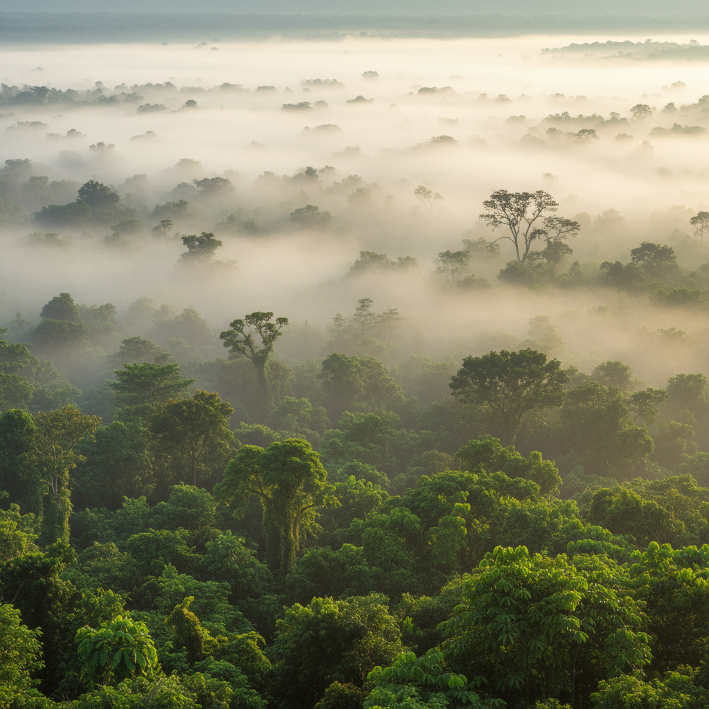 Dense Borneo jungle canopy stretching to horizon with morning mist rising from ancient trees