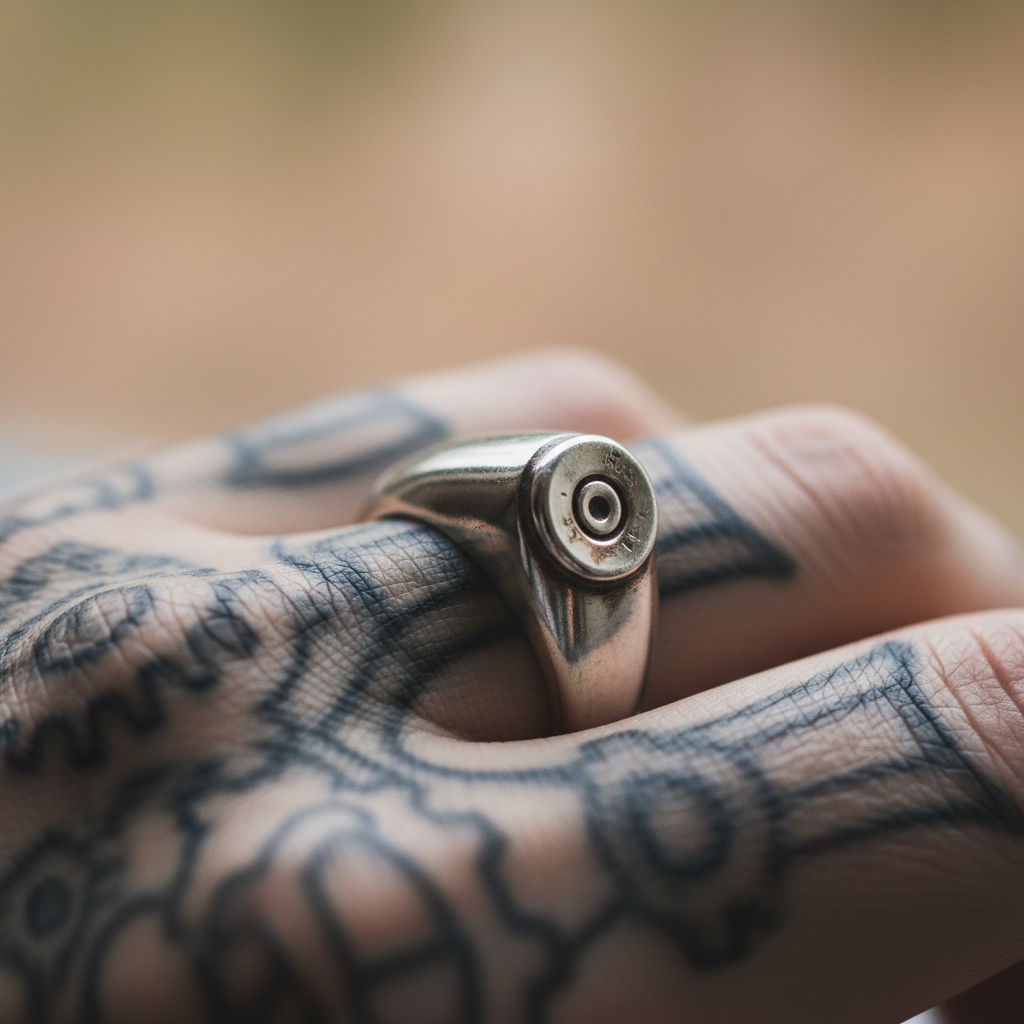 Silver signet ring with bullet casing detail on tattooed knuckle