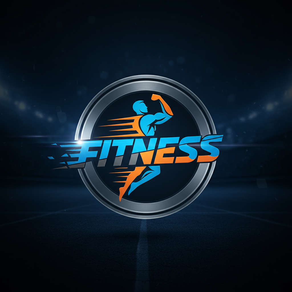 Fitness brand logo on dark background, energetic bold design, sports photography