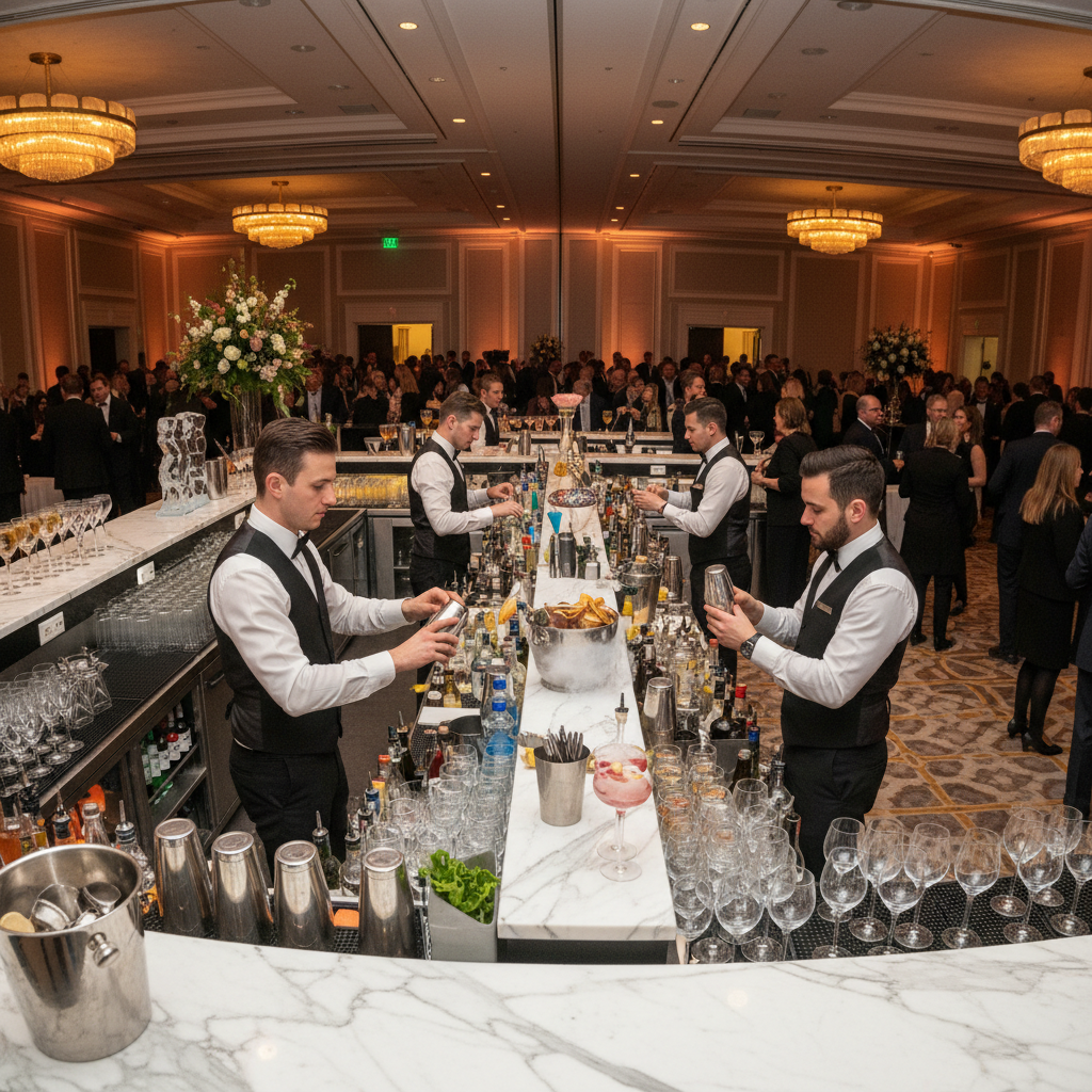 Professional bartenders working efficiently at a large corporate gala with multiple bar stations and elegant setup
