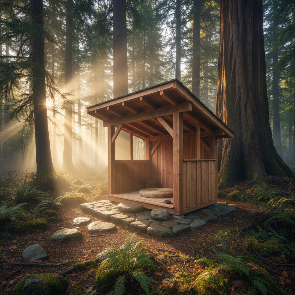 Morning mist over a small cedar-framed meditation space in old-growth forest, soft amber light through fir canopy