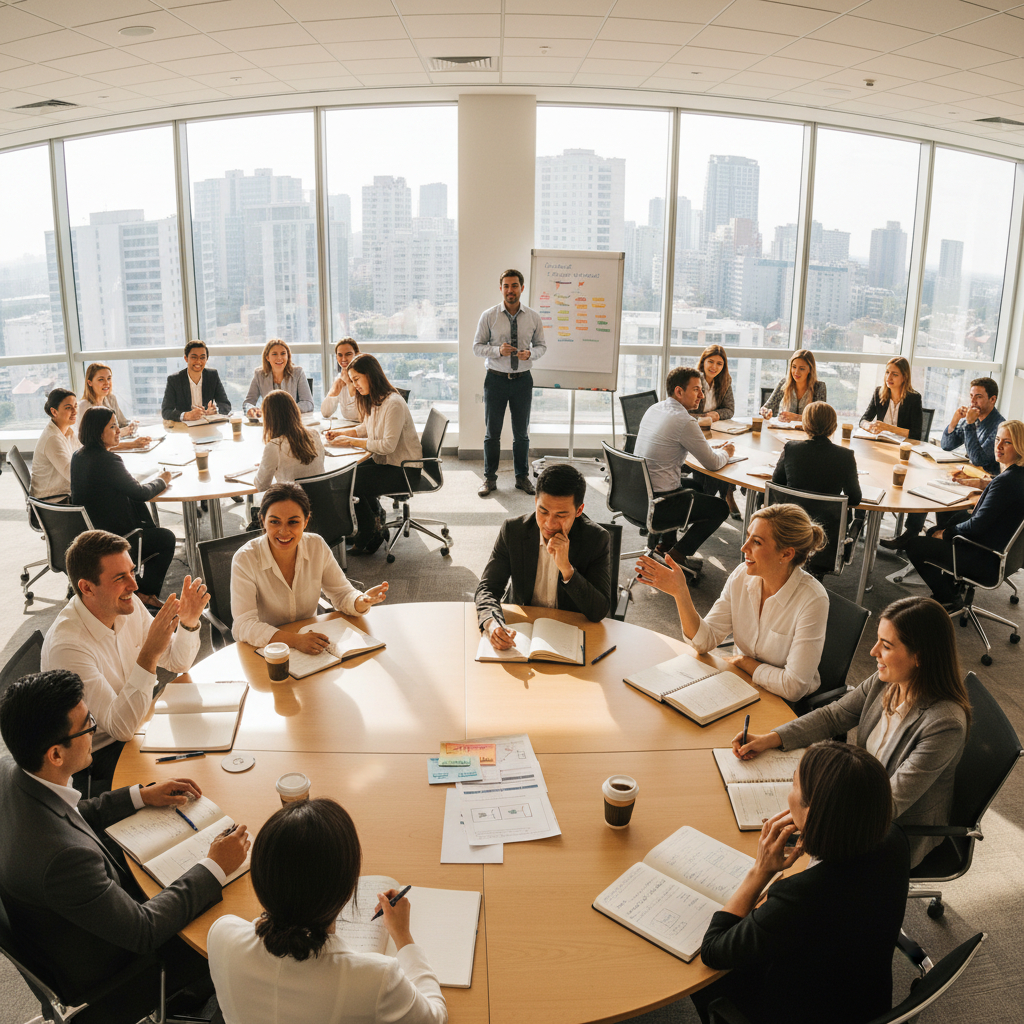 Group coaching workshop with professionals engaged in personality development exercises