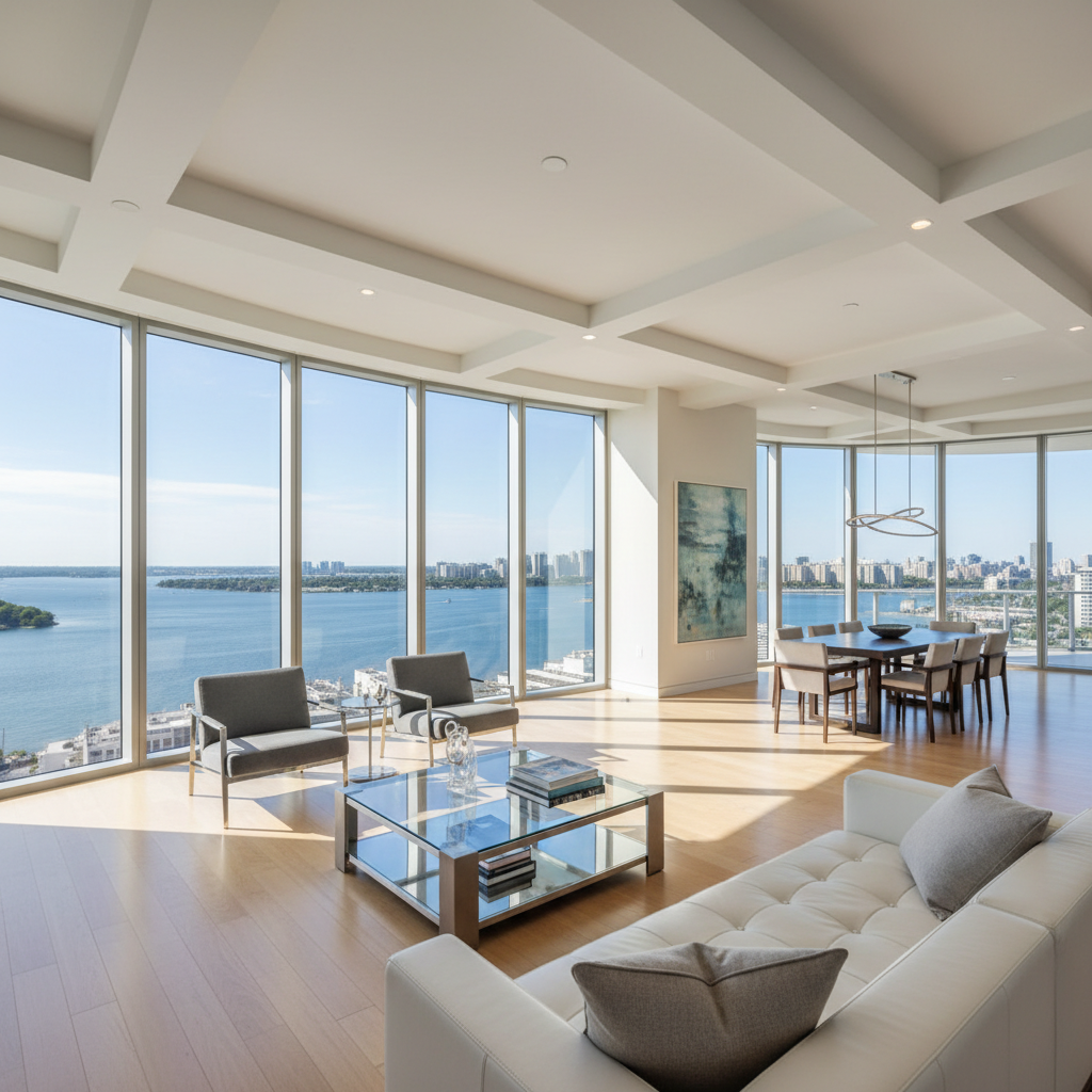 Luxury apartment with floor to ceiling windows and waterfront view, bright open plan interior, premium finishes, airy natural light