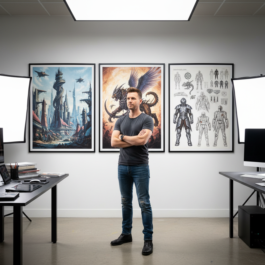 Marcus Webb, Detroit concept artist, in front of large format prints