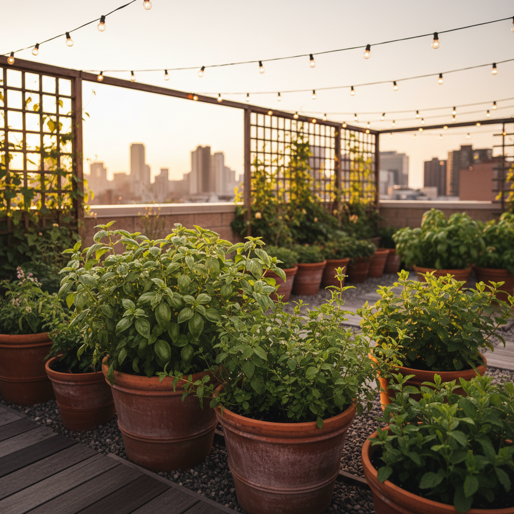Beautiful rooftop garden with raised planters and city skyline at dusk