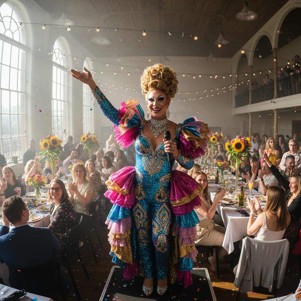 Drag performer in colorful costume seeking performance opportunities