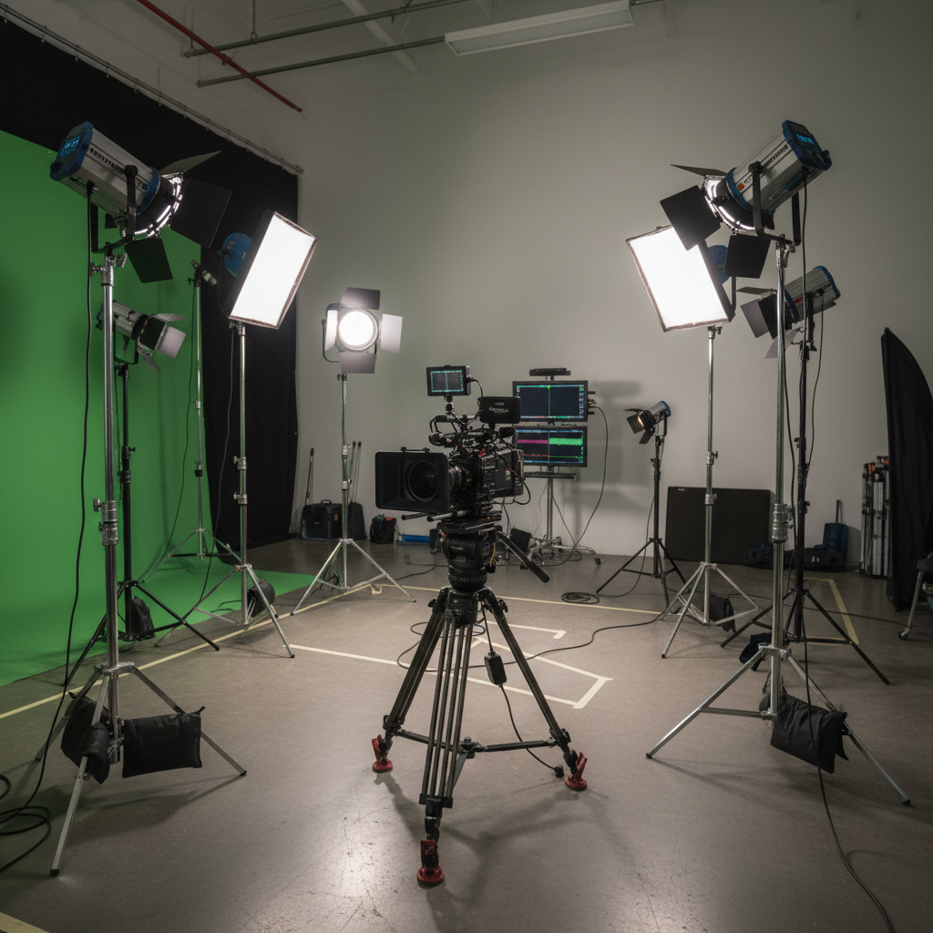 Video production area with camera setup and lighting for promo filming
