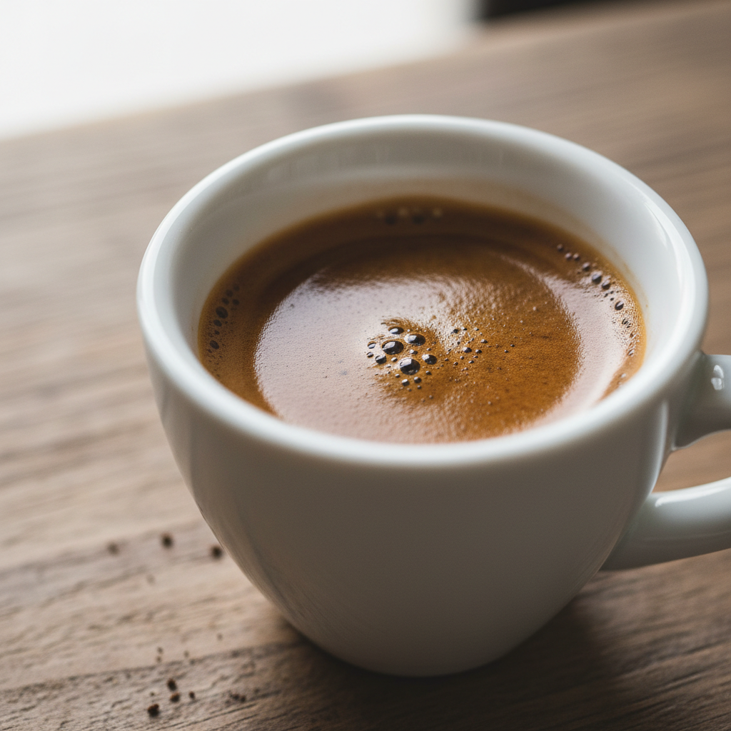 Velvet Sip espresso shot in small white ceramic cup with golden crema on dark wooden surface