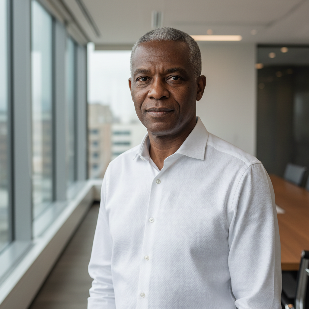 Homme d'affaires sénégalais détendu, chemise claire, restaurant en arrière-plan