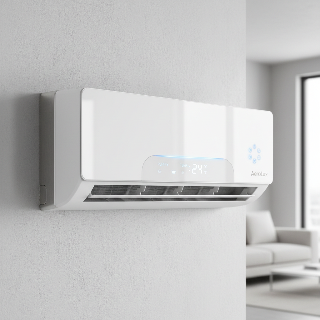 Samsung split air conditioner freshly installed on white wall in modern Tbilisi apartment living room