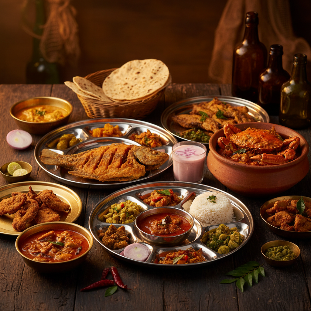 Vibrant coastal Maharashtrian seafood spread — fish thali, crab curry and Malvani dishes on a dark wooden table with warm amber lighting