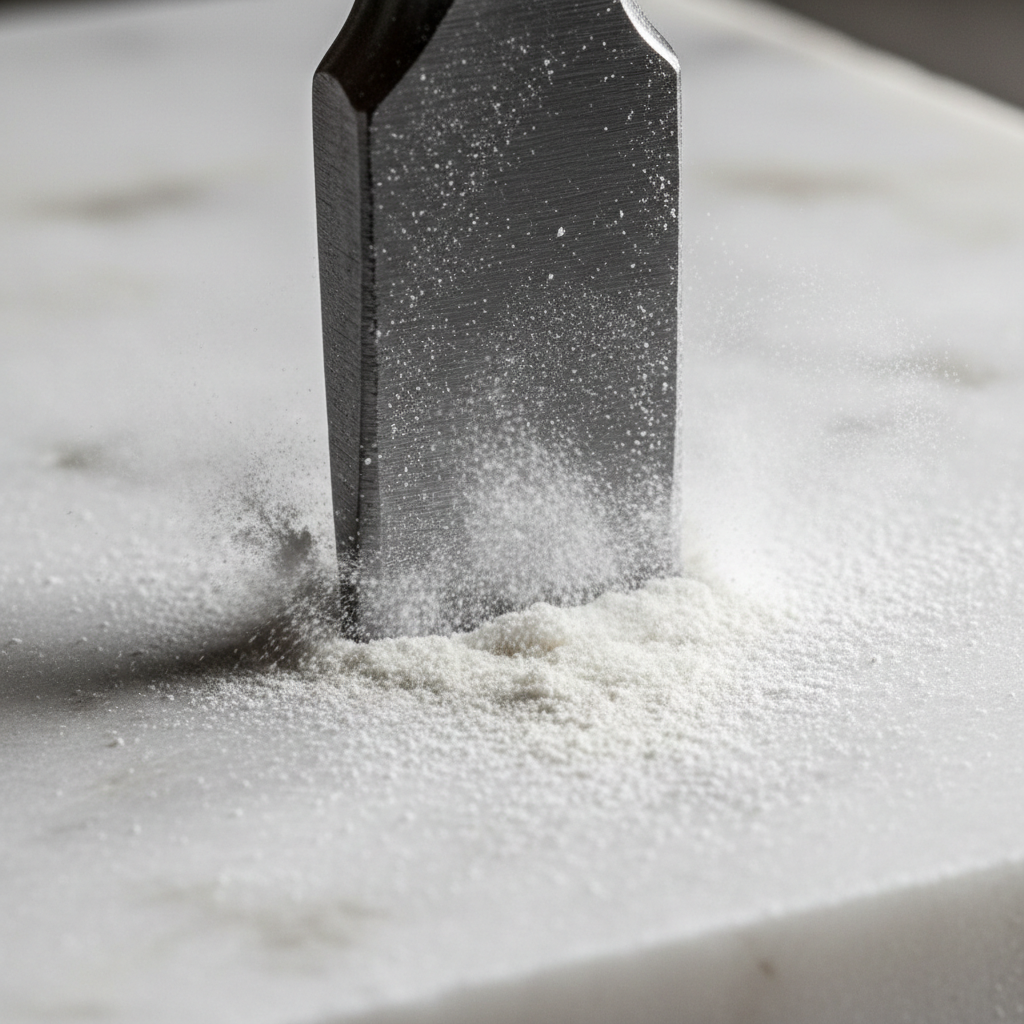 Extreme close-up of chisel tip pressed against white marble, fine powder dusting the surface