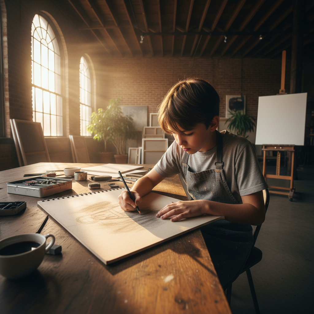 Tween student sketching at a sunlit studio table with charcoal and paper