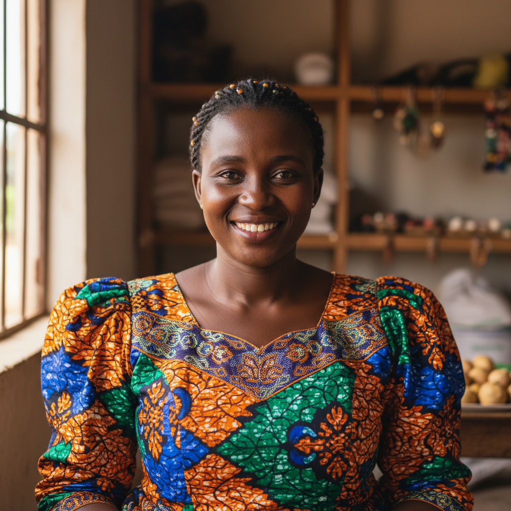 Ugandan woman smiling in casual wear outdoor Kampala setting