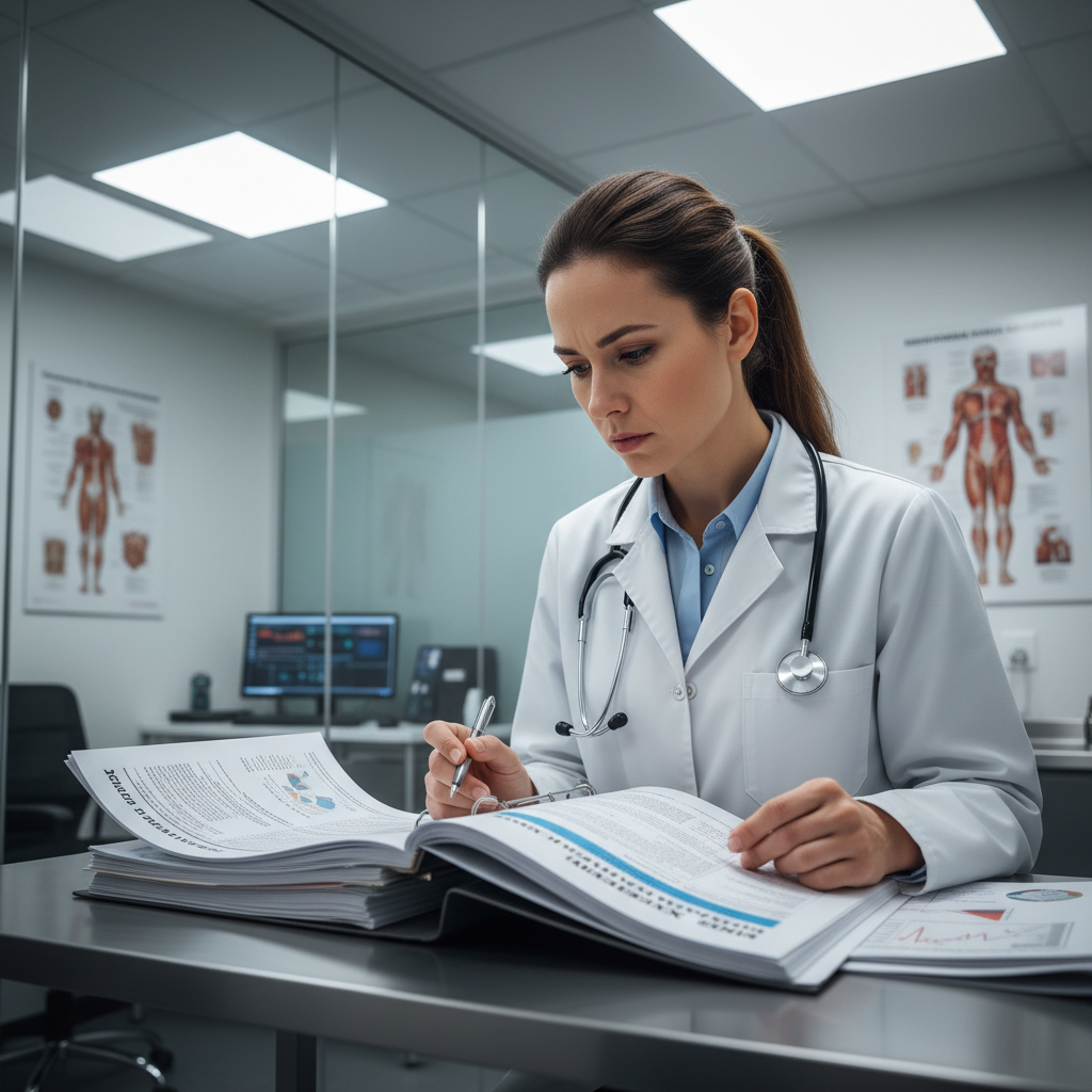 Medical professional reviewing industrial health documentation, clinical environment, professional lighting