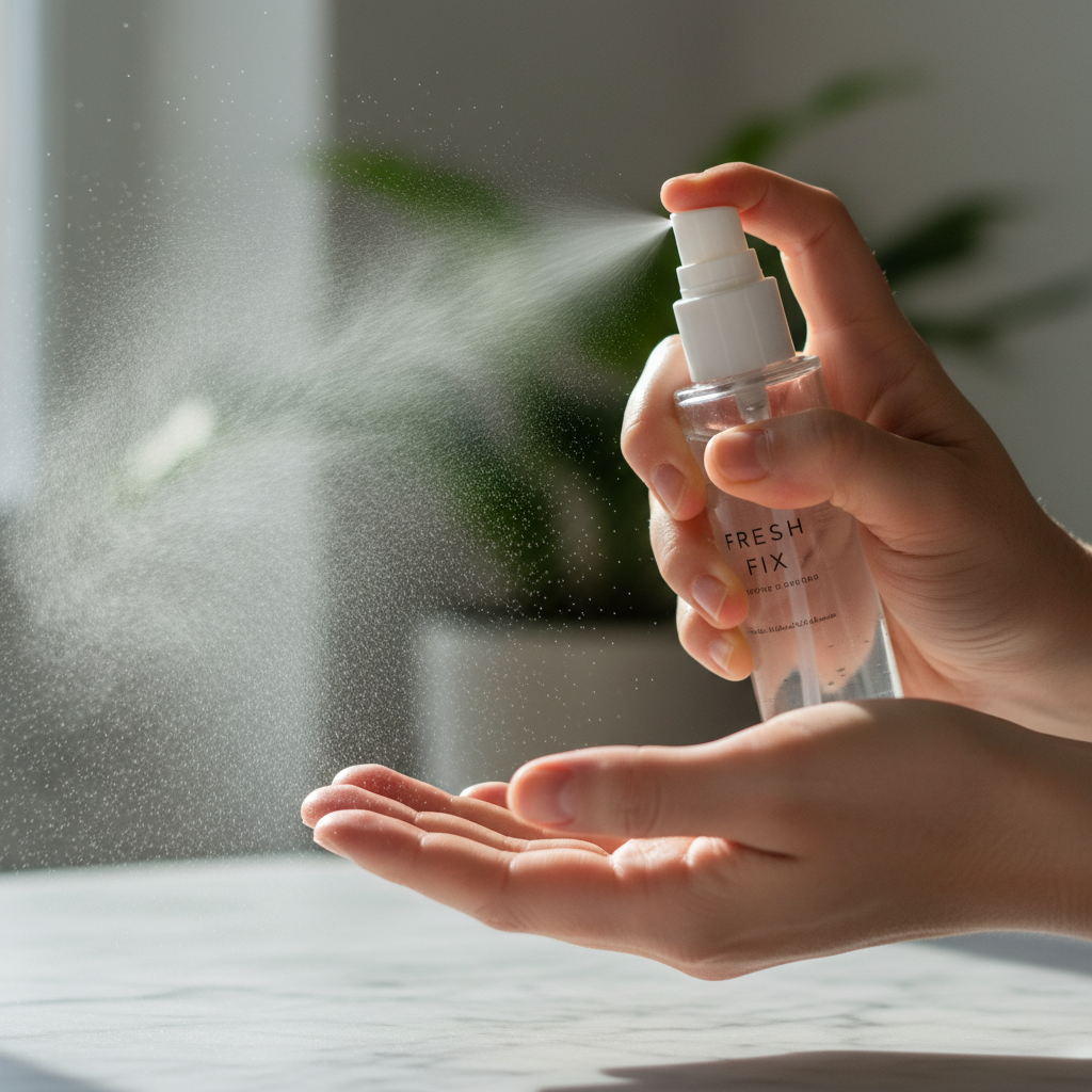 Hands applying setting spray