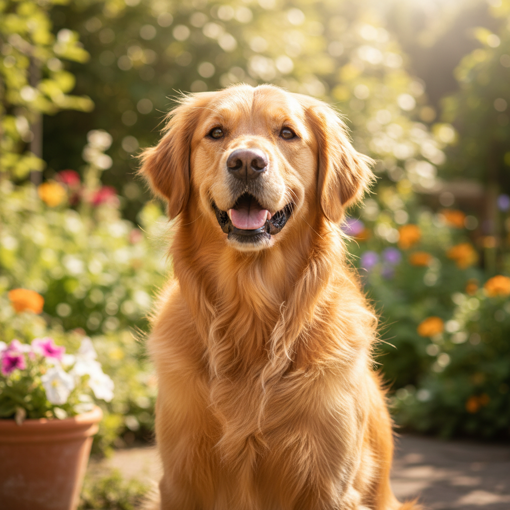Golden retriever Biscuit smiling outdoors in sunny garden