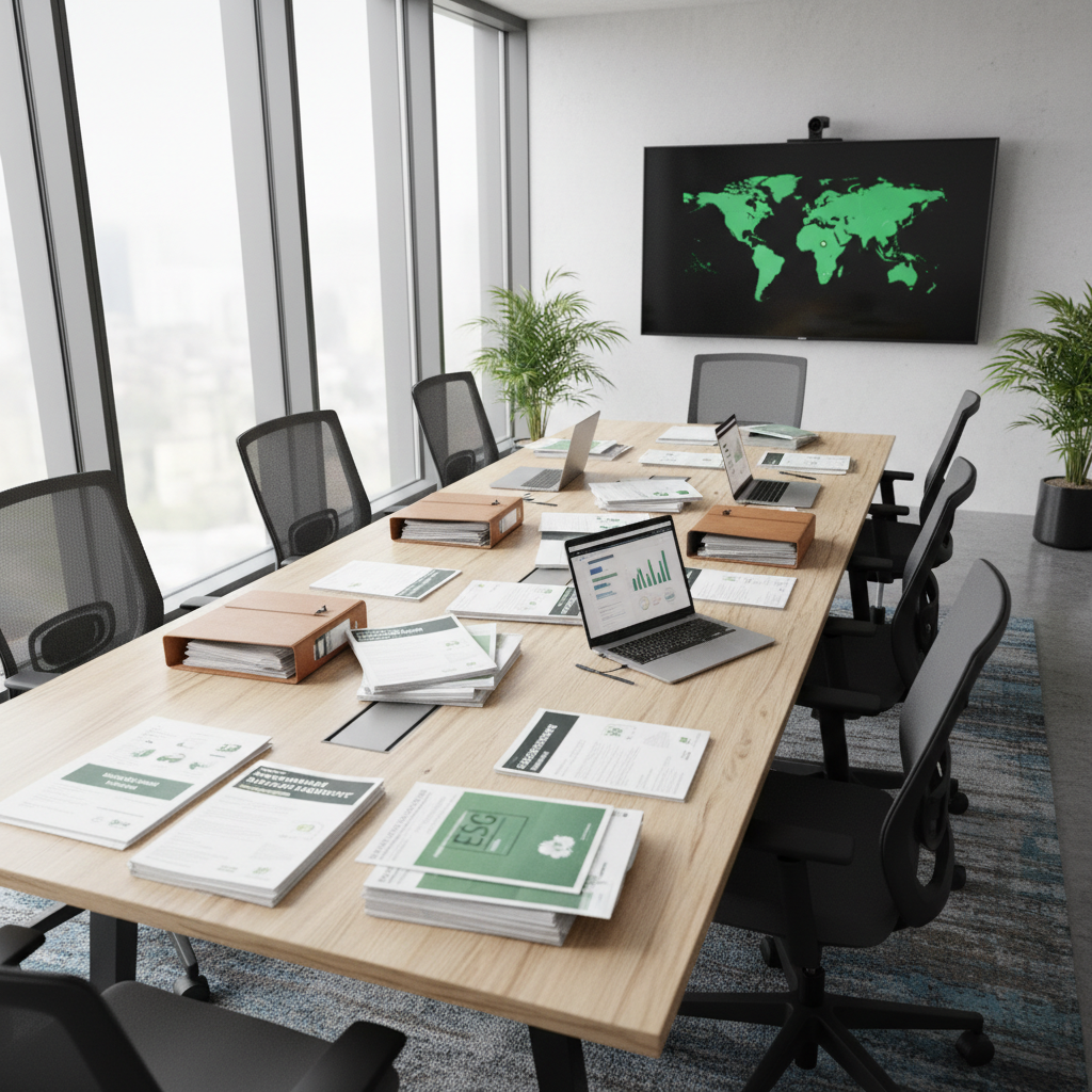 Board members in a formal governance meeting discussing ESG strategy around a large conference table