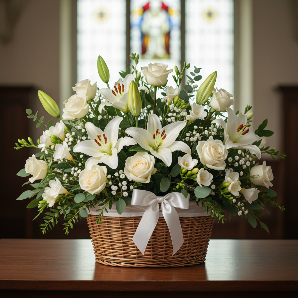 Sympathy gift basket with white flowers, candle and comfort items