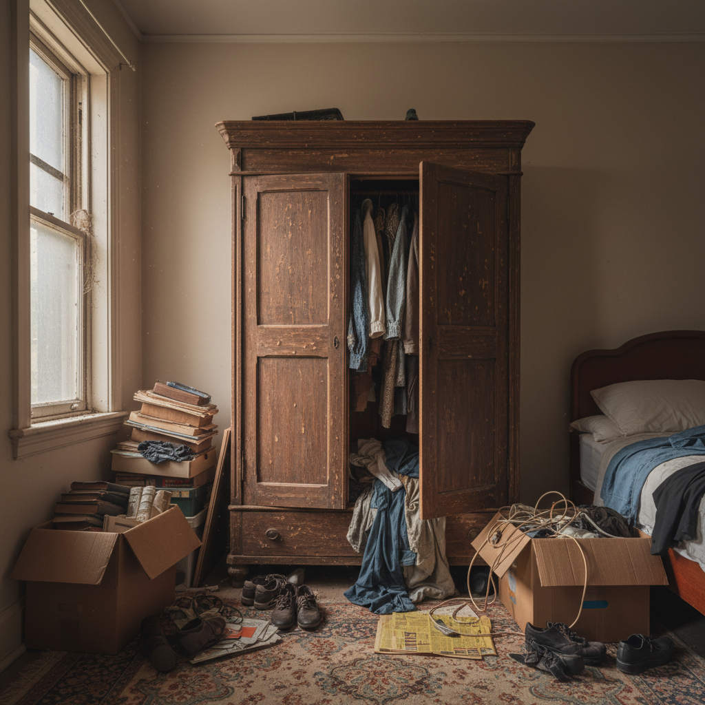 Cluttered bedroom with inadequate storage before custom wardrobe installation