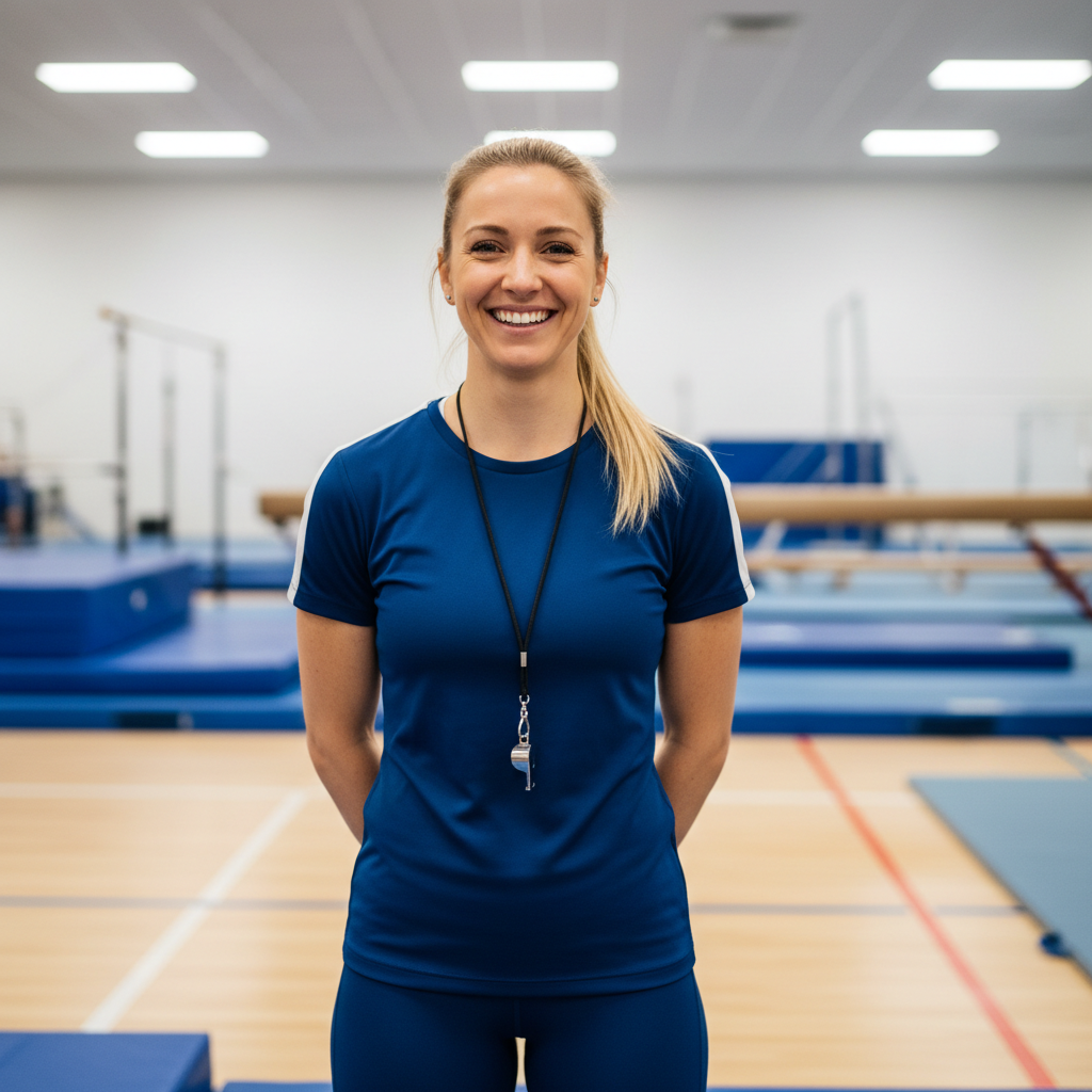 Female gymnastics coach with warm smile, athletic attire, gym background
