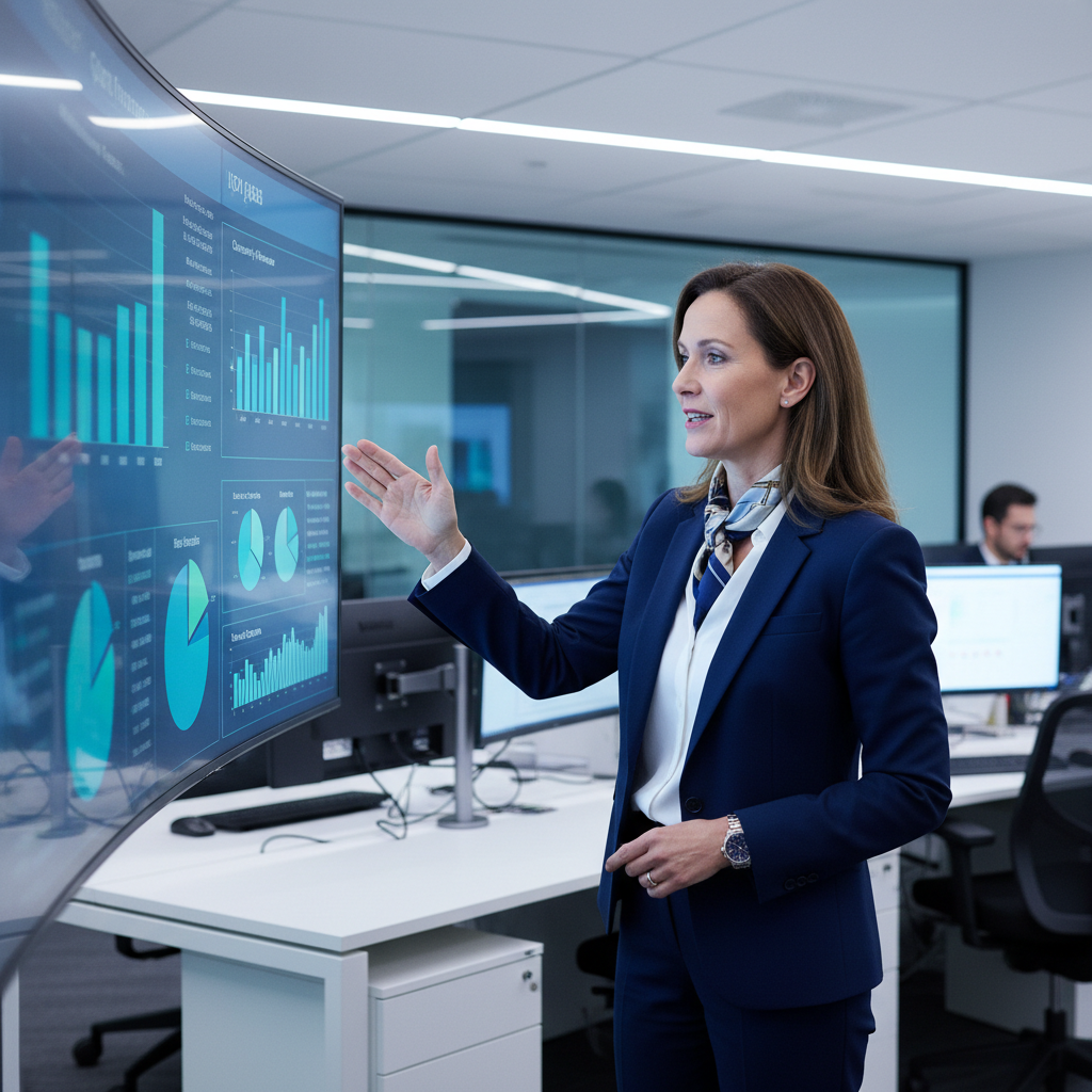 Person presenting data visualization on large screen in modern conference room, colorful charts, attentive audience, bright office environment