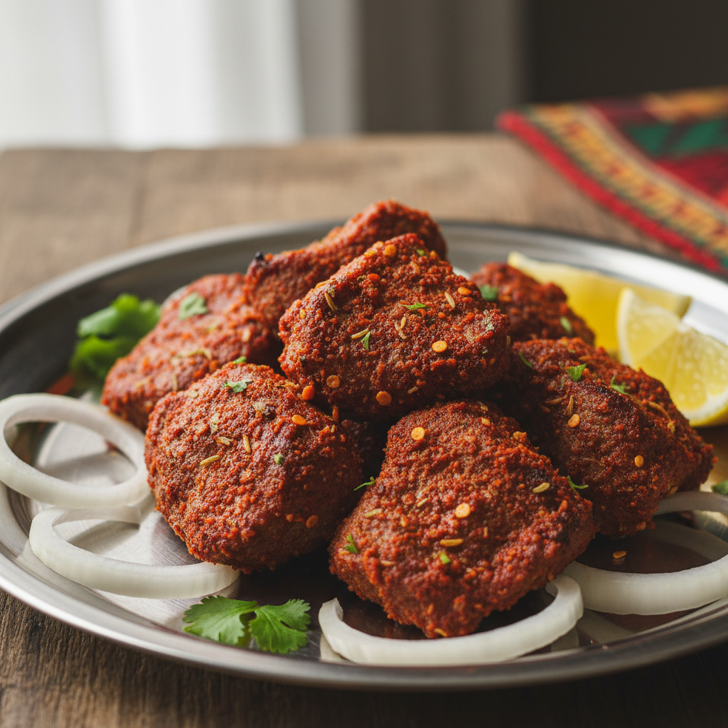 Lamb tikka on a steel thali with sliced onions and a wedge of lemon, red spiced coating visible