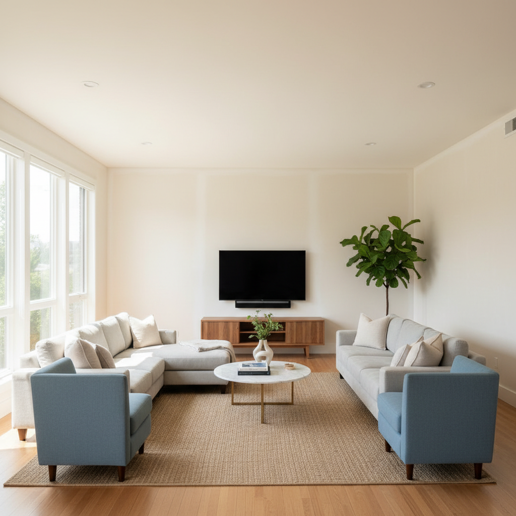Clean living room with hidden cables and repaired walls