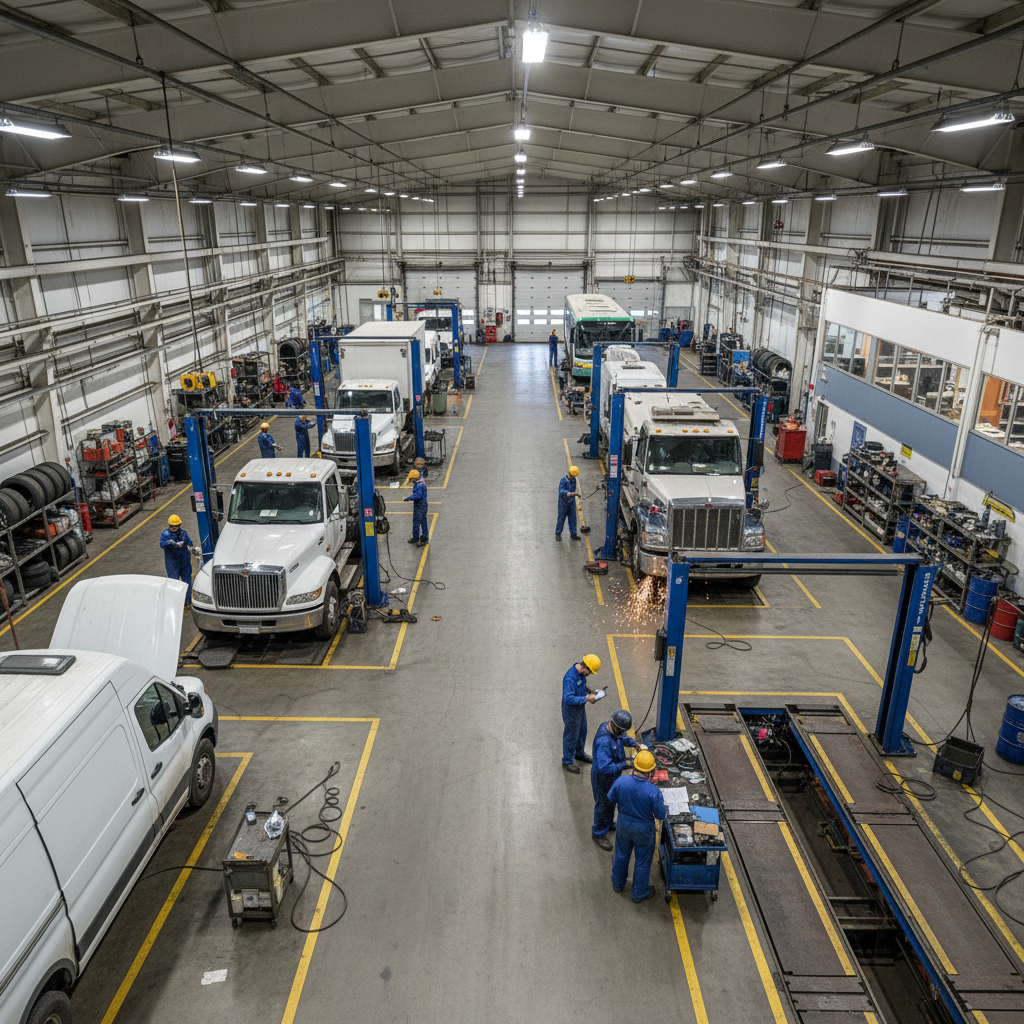 Overhead view of a fleet maintenance bay with multiple vehicles and mechanics at work