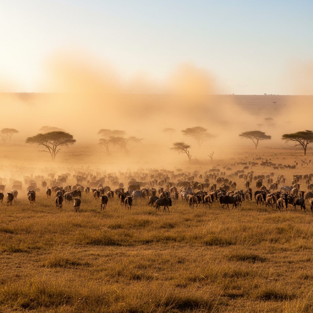 Zebra herd moving across golden Serengeti grasslands, dusty atmosphere, warm evening light, deep dark foreground