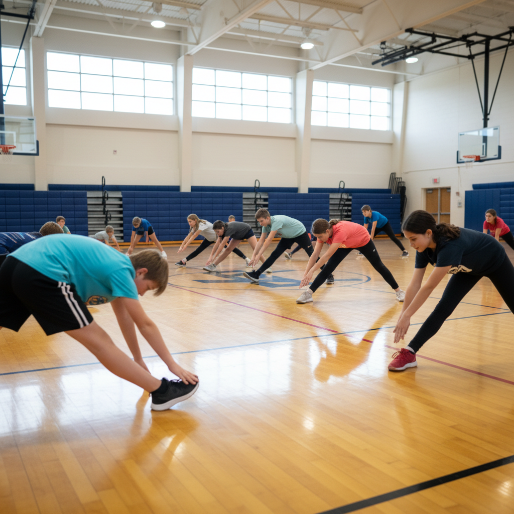 Middle school students doing cool-down stretches on gym floor