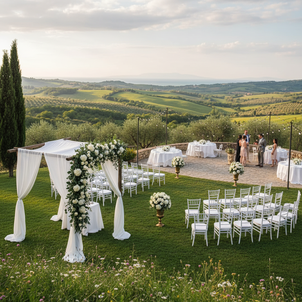 Scenic outdoor wedding venue surrounded by rolling hills in a destination location