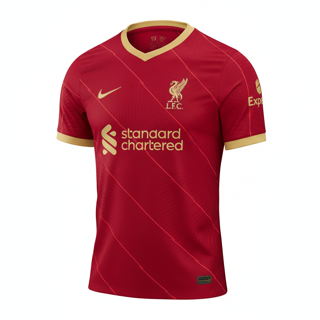 Red Liverpool FC football jersey product photo, Anfield home kit, sportswear on dark background