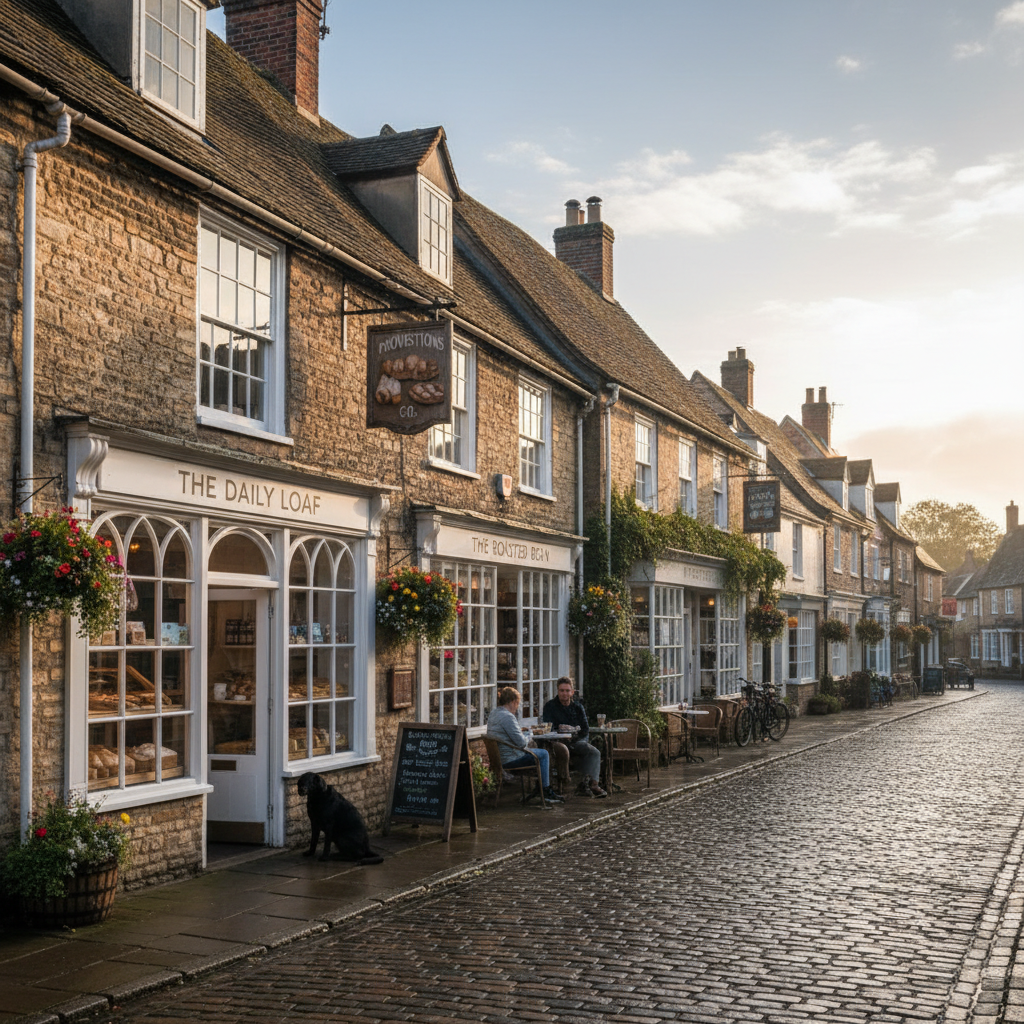 A quiet country village high street on a Saturday morning — bakery, deli, small independent coffee shop