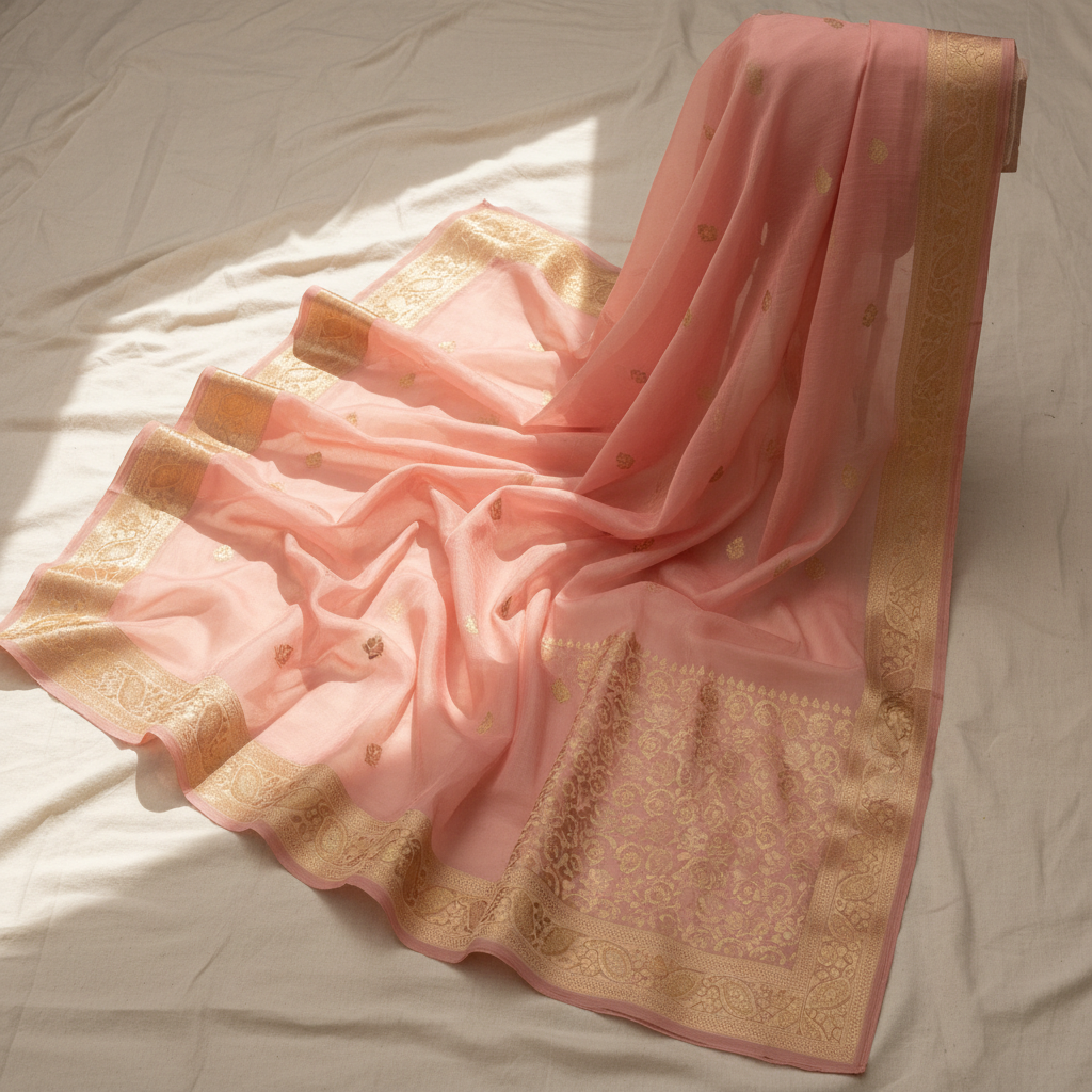Blush georgette saree design, elegant natural lighting