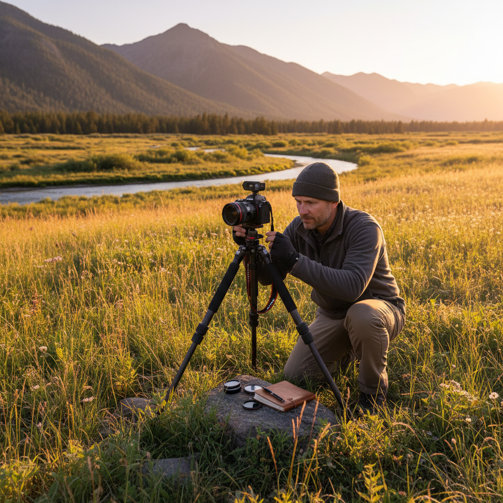 Photographer Marcus Webb setting up intervalometer on tripod at golden hour — field notebook open beside camera