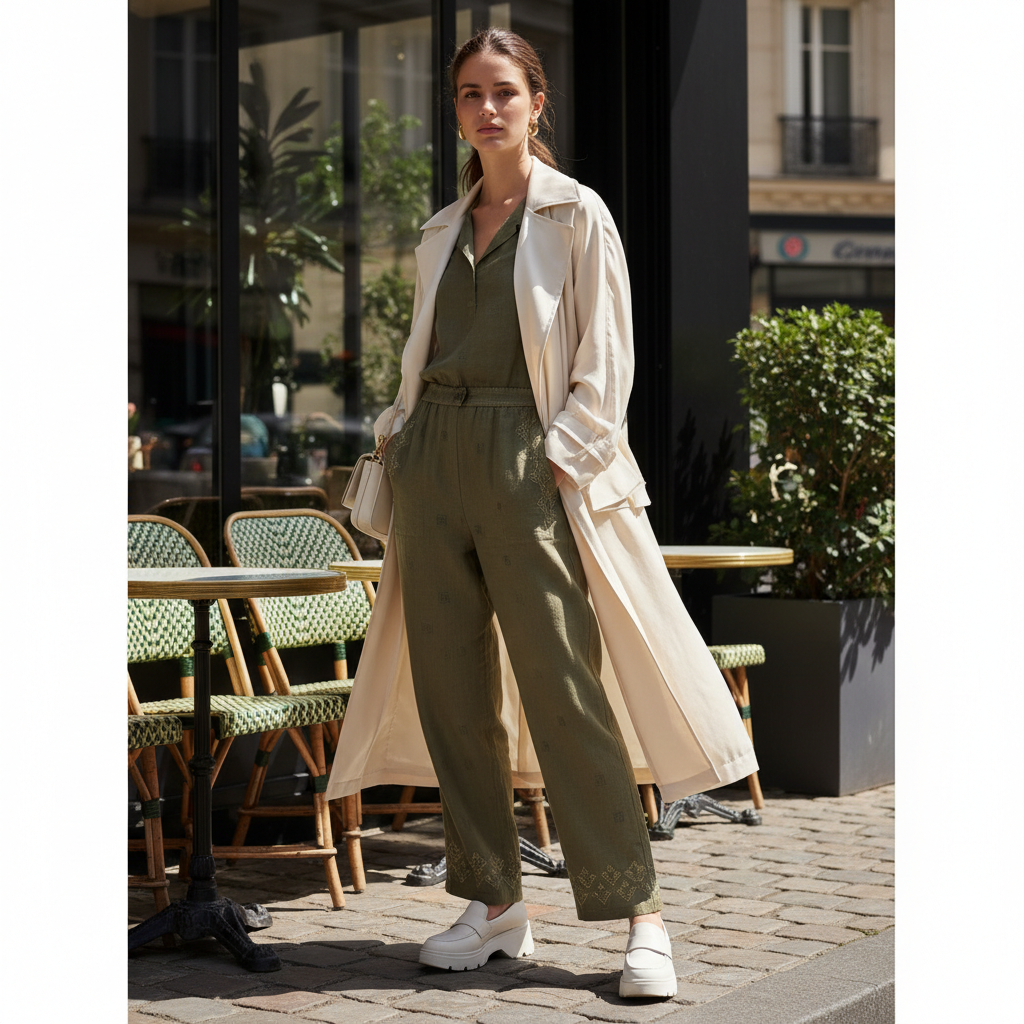 Woman in long coat mid-stride on city street, cropped below the eyes