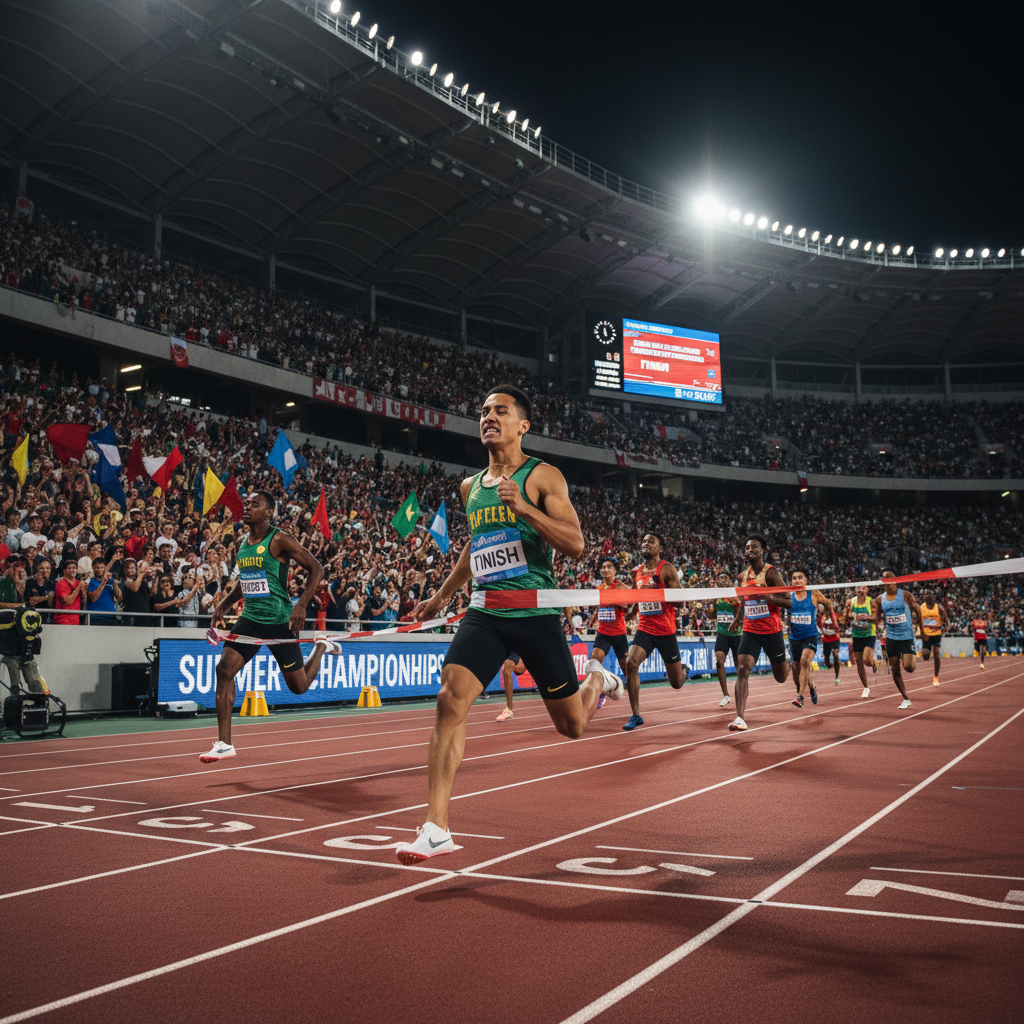 Athletes crossing the finish line at summer championships, packed stadium stands in background, floodlights blazing